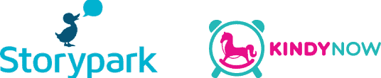 Logos for Storypark and Kindyhub. Storypark's logo, ideal for kindergarten and day care settings, features a blue duck holding a balloon. Kindyhub's logo includes a pink rocking horse, perfect for early learning environments.