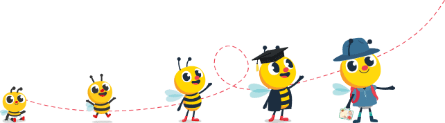 Illustration of five bees in a line, showcasing different stages of growth. The bees are dressed in varying outfits, signifying progression from a young bee in preschool to an older one with a briefcase.