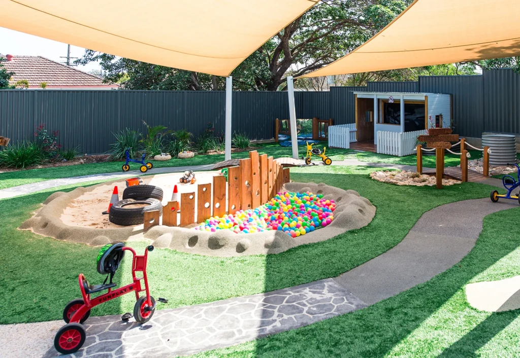 A well-maintained outdoor playground with artificial grass, a ball pit, a sandbox, tricycles, and shaded areas. The play area is bordered by a gray fence and surrounded by greenery.